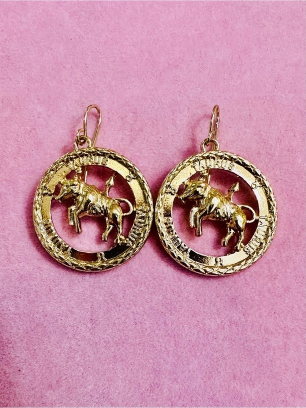 Gold Tone Taurus Zodiac Coin Drop Earrings
